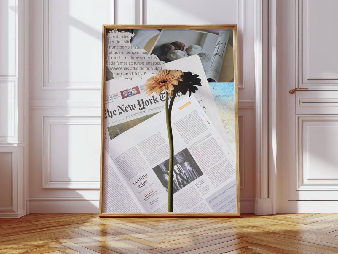 Flower Newspaper Collage Gerbera Modern Artistic Wall Poster