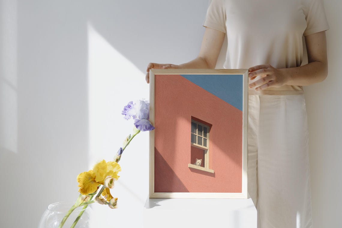 Maltese Puppy Peeking From a Terracotta Window Midcentury Art Print