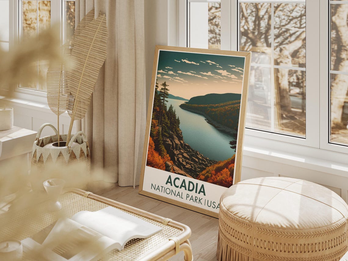 Acadia National Park Travel Poster Fall Foliage Rocky Coast Retro - Image 4