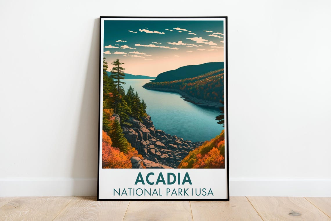 Acadia National Park Travel Poster Fall Foliage Rocky Coast Retro
