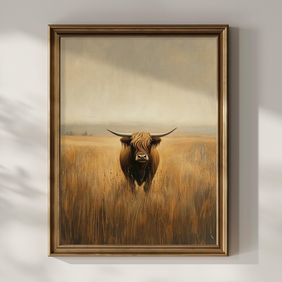 Highland Cow Standing In Golden Wheat Field Minimalist Wall Art
