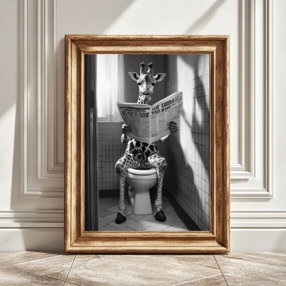 Giraffe On A Toilet, Funny Bathroom Decor Poster