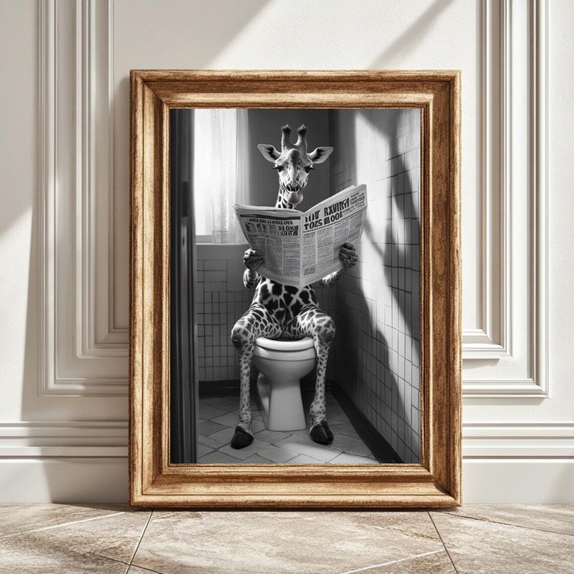 Giraffe On A Toilet, Funny Bathroom Decor Poster
