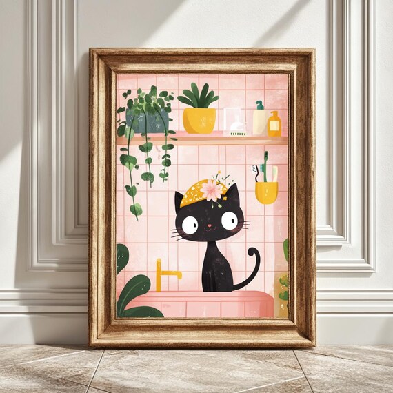 Black Cat Bath Scene, Modern Bathroom Decor