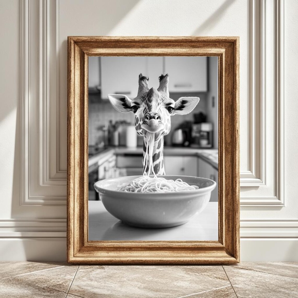 Giraffe Eating Pasta, Kitchen Decor Art Print