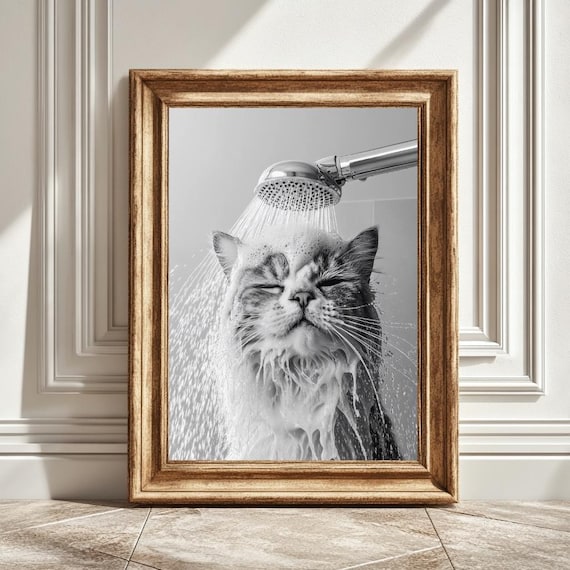 Cat In Shower Funny Bathroom Decor