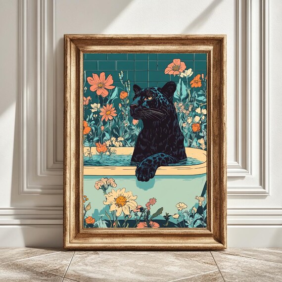 Panther Bathtub Flowers Bathroom Art Gift