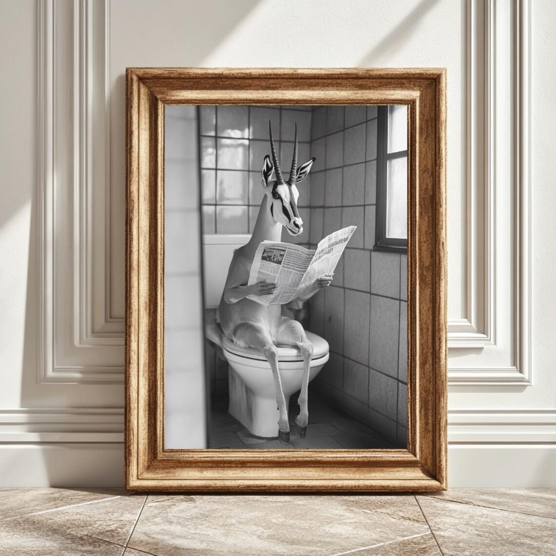 Antilope On A Toilet Reading A Newspaper, Animal Decor