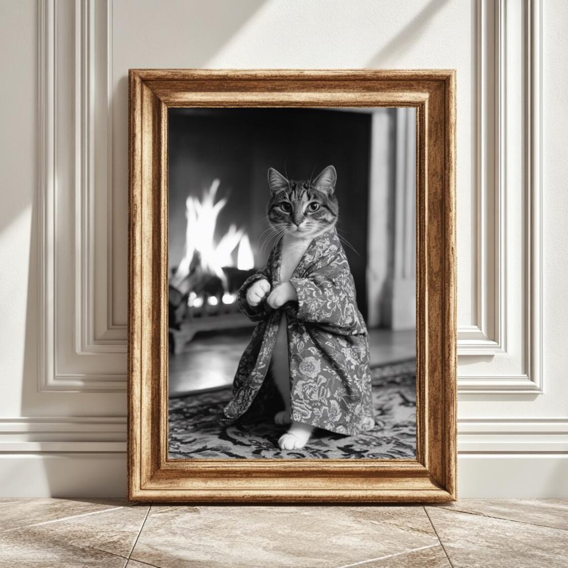 Cat In Robe By Fireplace, Cozy Home Decor