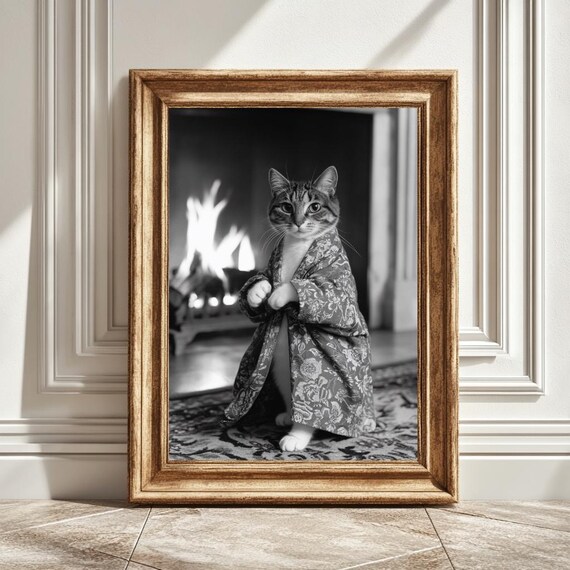 Cat In Robe By Fireplace, Cozy Home Decor