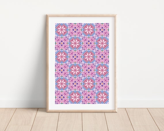 Pink Tile Pattern, Boho Mediterranean Art Print