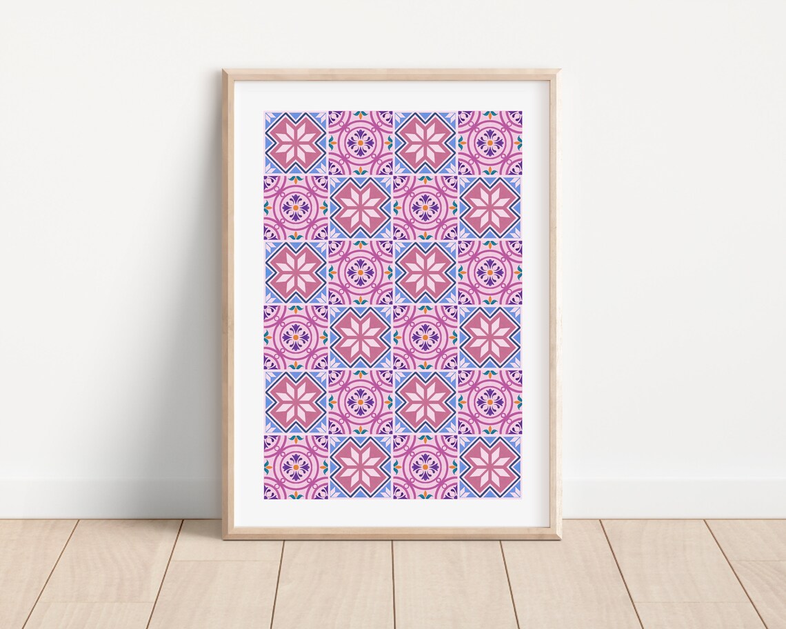 Pink Tile Pattern, Boho Mediterranean Art Print