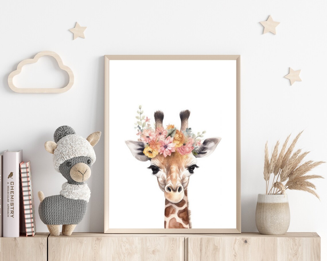 Giraffe Baby Flower Crown Watercolor Safari Nursery Cute Kids Wall Poster - Image 3
