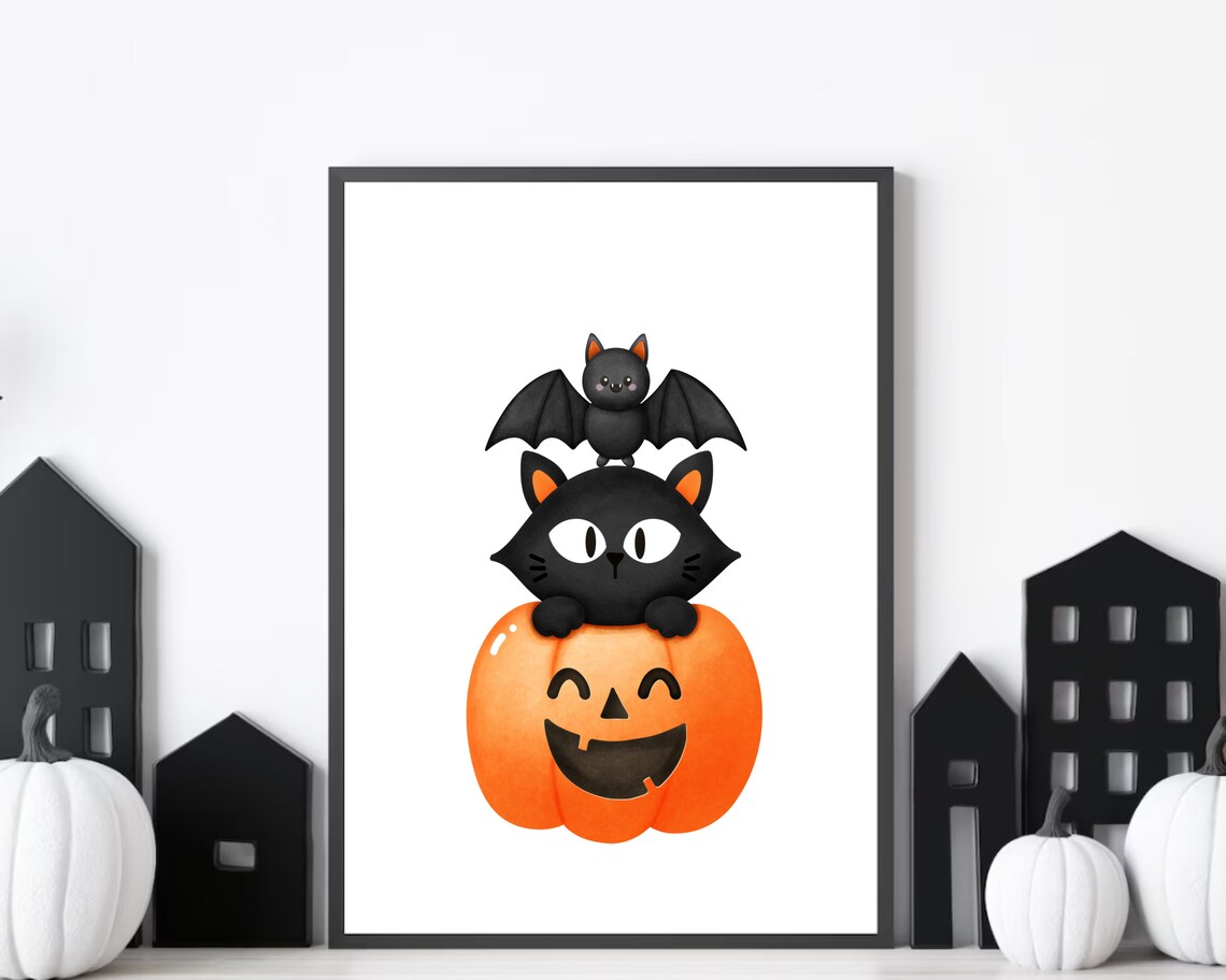 Cute Halloween Black Cat On Pumpkin With Bat Kids Nursery Wall Art - Image 3