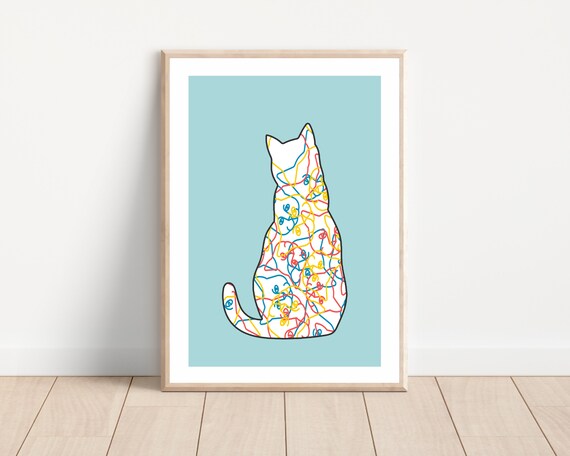 Cat Silhouette Doodle Scribble Colorful Abstract Modern Pet Decor Print