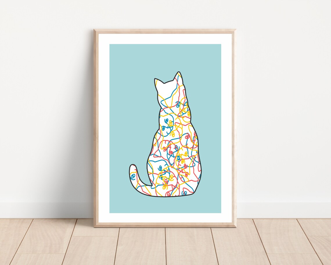 Cat Silhouette Doodle Scribble Colorful Abstract Modern Pet Decor Print