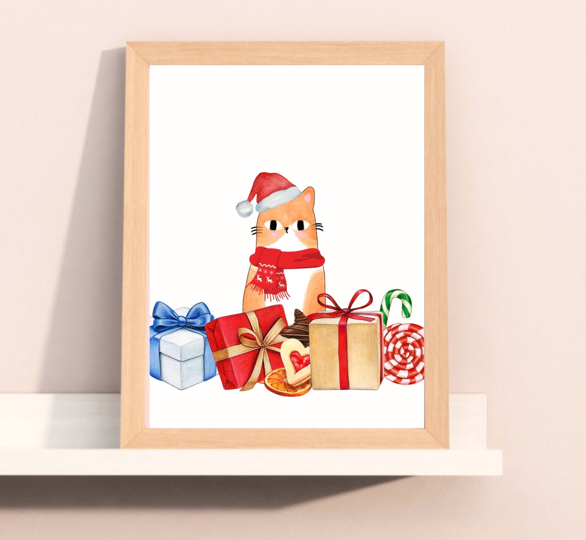 Cute Christmas Cat and Presents Christmas Art Print - Image 2