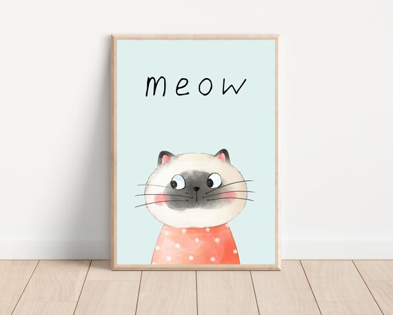 Meow Cute Cartoon Cat Blue Kids Room Nursery Playful Decor Poster