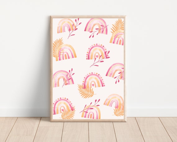Boho Watercolor Pink Floral Rainbow Art Print