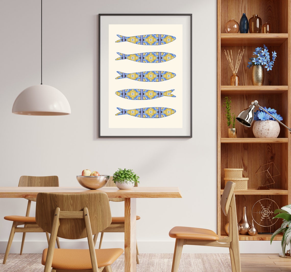 Portuguese Sardine Azulejo Art Print, Boho Mediterranean - Image 3