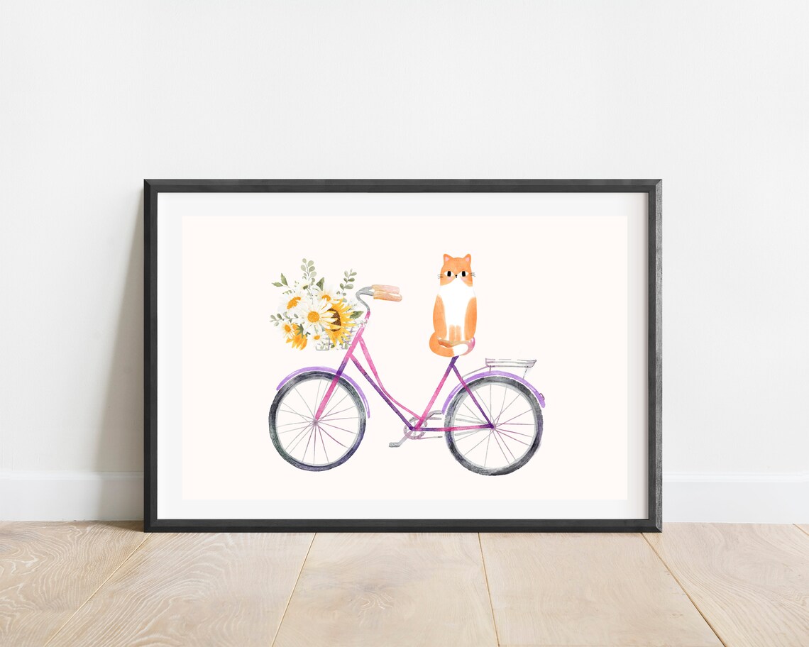 Watercolor Cat on Bicycle, Boho Floral Art Print - Image 5