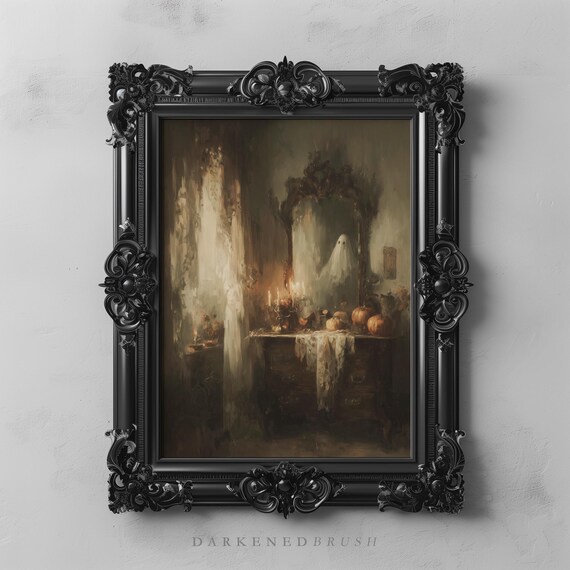 Spooky Vintage With Candles Pumpkins Mirror On Gothic Vanity Halloween Still Life Oil Painting For Witchy Decor 287