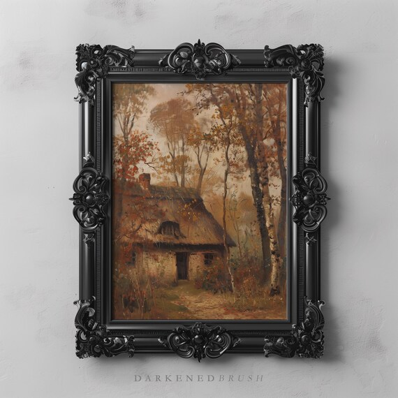 Vintage Autumn Cottage Landscape Art Rustic Farmhouse Fall Painting Moody Countryside Decor Antique Print Wall