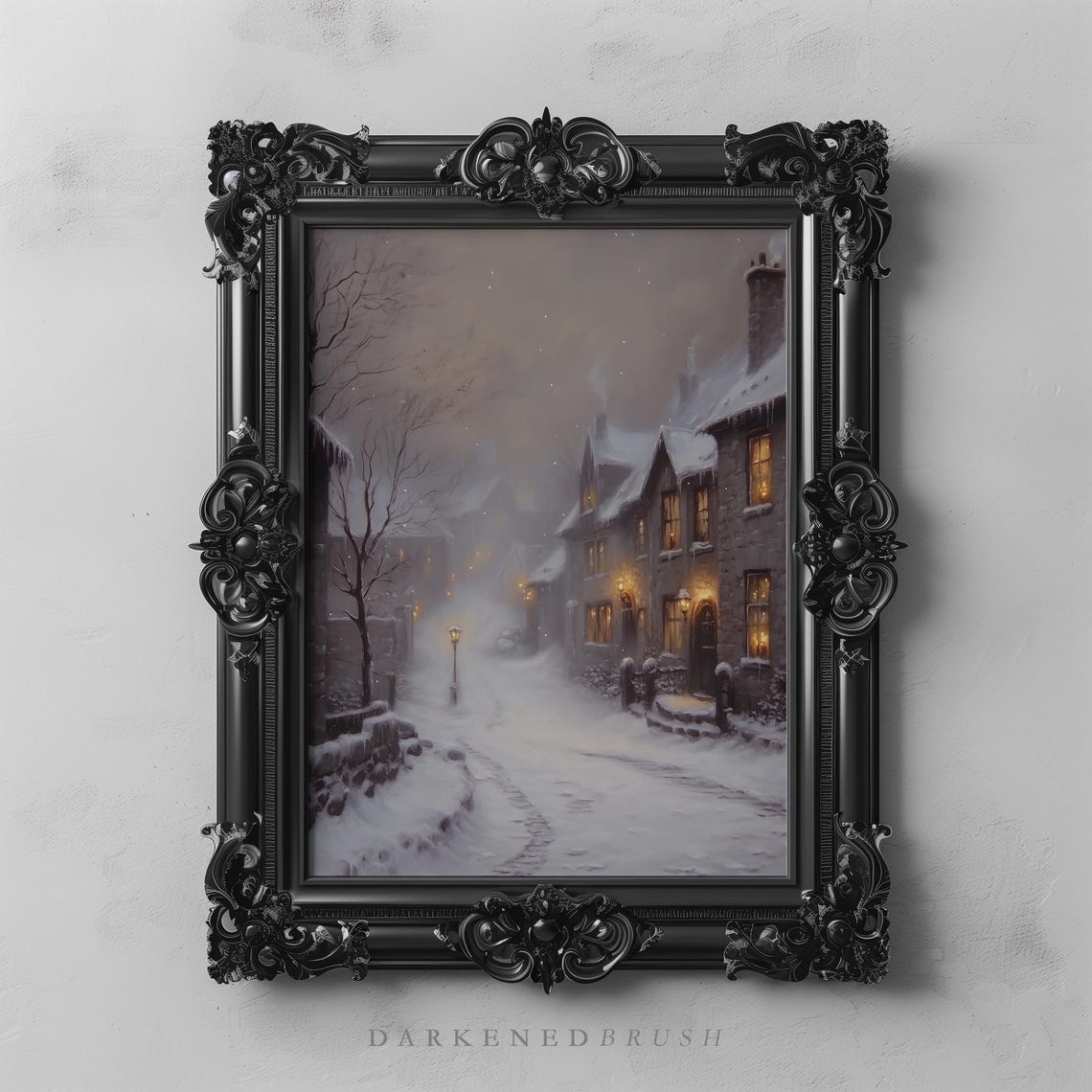 Snowy Victorian Street at Dusk Warm Lamplight Winter Village Poster