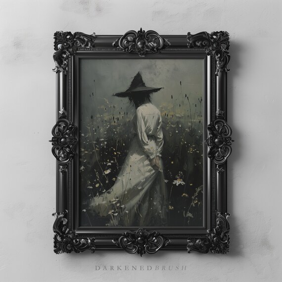 Witchy Woman In Field Painting Dark Gothic Art Witch Wall Academia Print Oil Dcor
