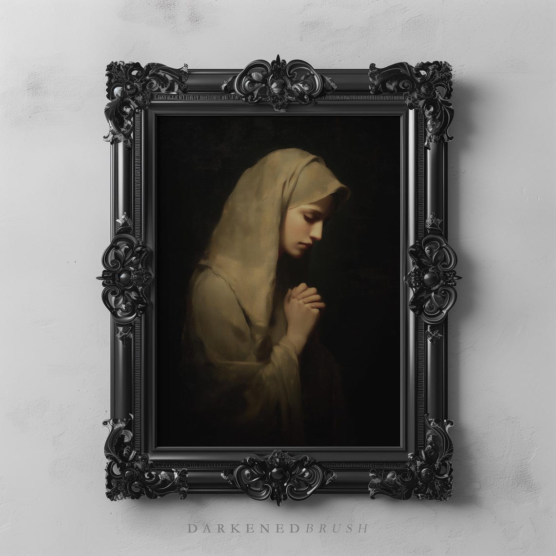 Praying Virgin Mary Veiled Portrait Dark Classical Oil Painting Poster