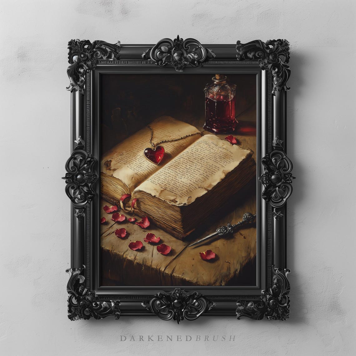 Antique Spell Book Heart Pendant Rose Petals Gothic Romantic Poster