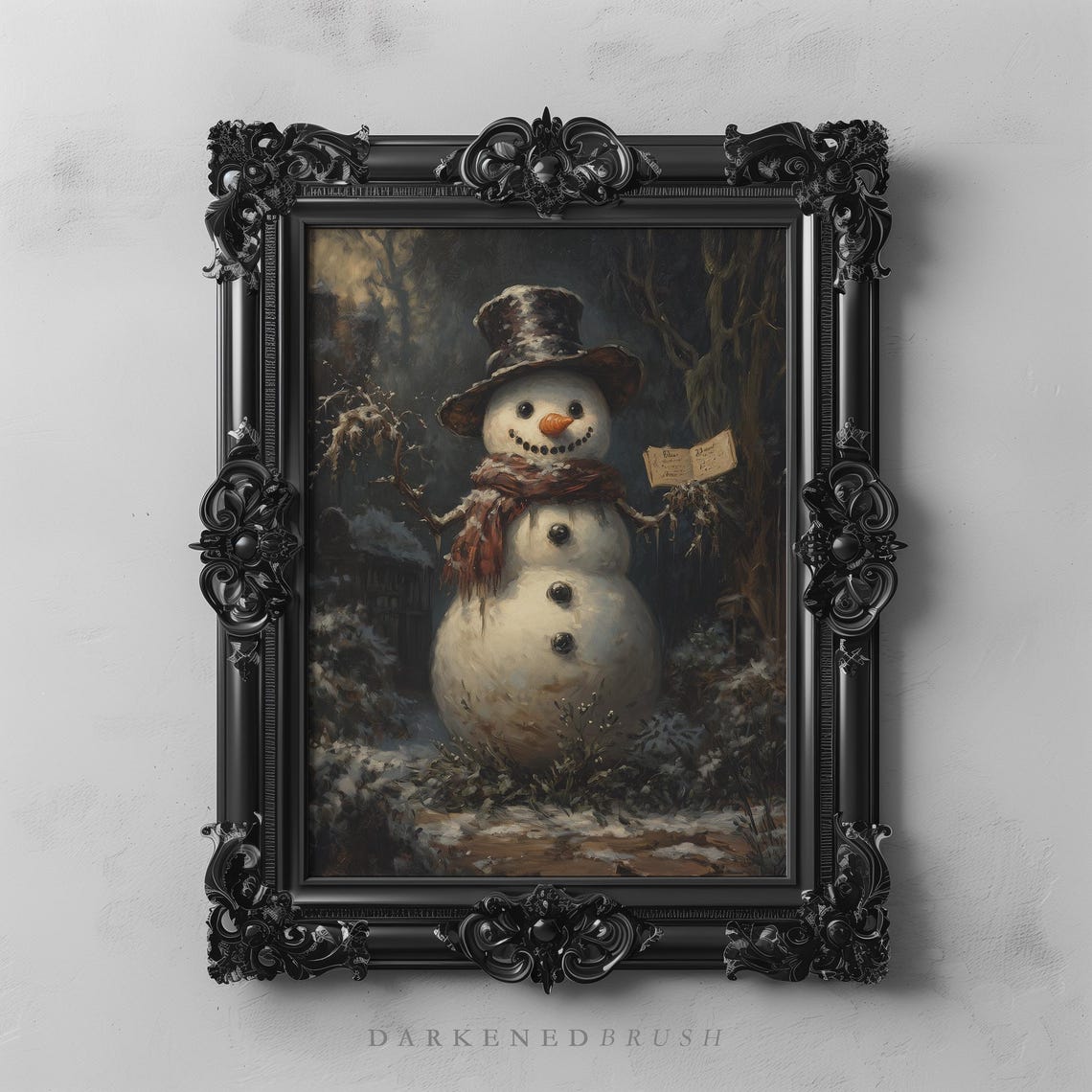 Vintage Snowman Top Hat Red Scarf Winter Forest Night Scene Poster