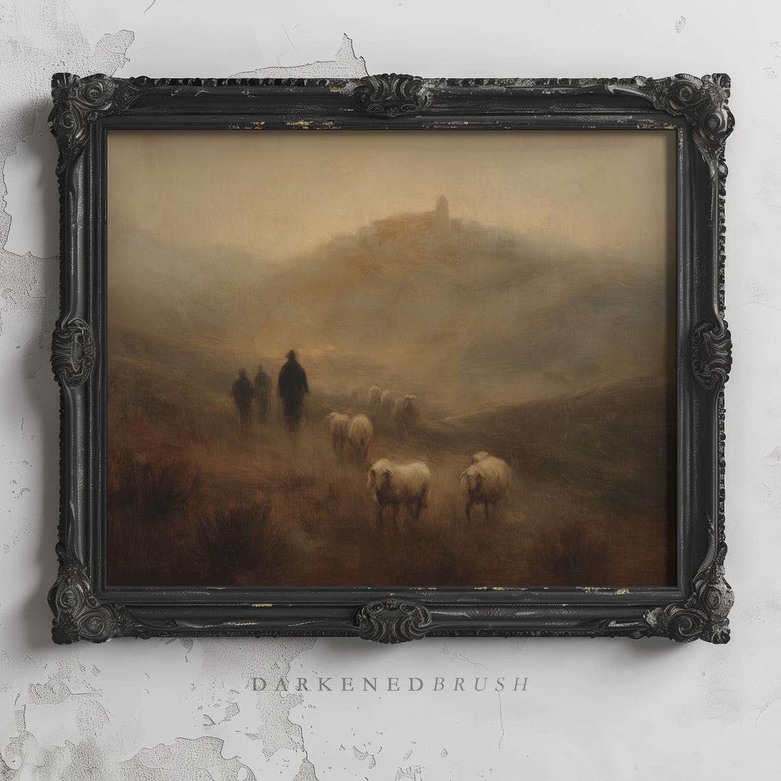 Shepherds Walking Hills at Dawn Misty Christian Landscape Print