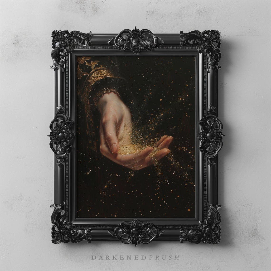 Hand Scattering Golden Stardust Baroque Celestial Dark Art Poster
