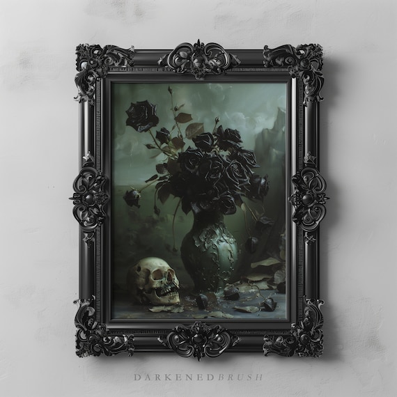 Black Roses And Skull Art Dark Academia Moody Victorian Gothic Decor Dead Flowers Oil Painting Macabre
