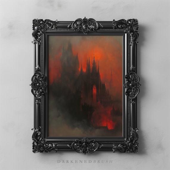 Blood Moon Dracula Dark Gothic Castle Art Print Moody Wall Academia Goth Oil Painting