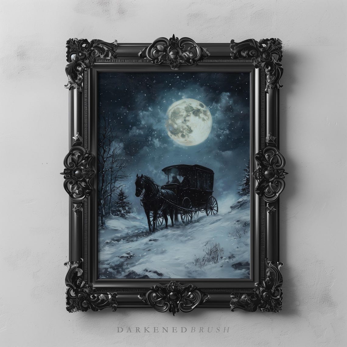 Moonlit Mysterious Horsedrawn Carriage Gothic Winter Scene Dark Victorian Snowy Landscape Academia Decor Haunting Night Art