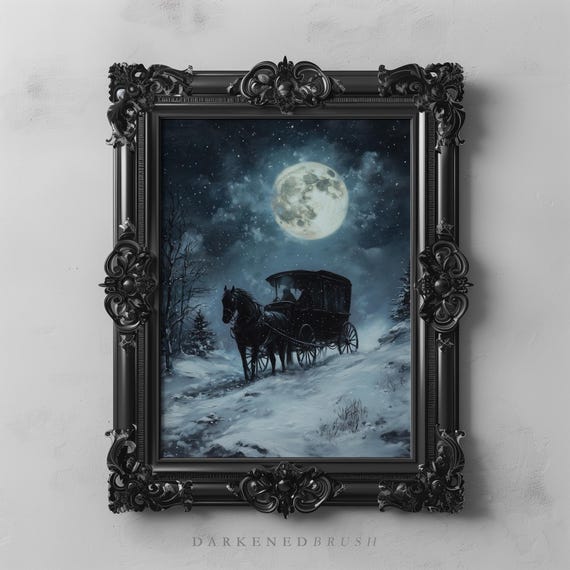 Moonlit Mysterious Horsedrawn Carriage Gothic Winter Scene Dark Victorian Snowy Landscape Academia Decor Haunting Night Art