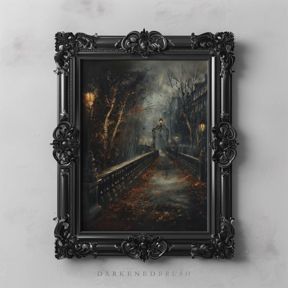 Moody Rainy Night Bridge Art Dark Academia Wall Decor Street Cityscape Vintage Autumn Leaves Fall Landscape City Painting