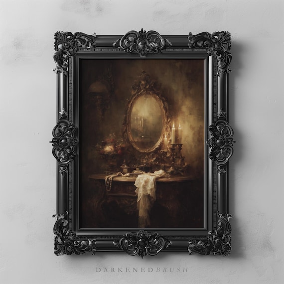 Lit Candles On Ornate Table With Vanity Mirror Moody Dark Academia Romantic Still Life Gothic Oil Painting Art Decor 325