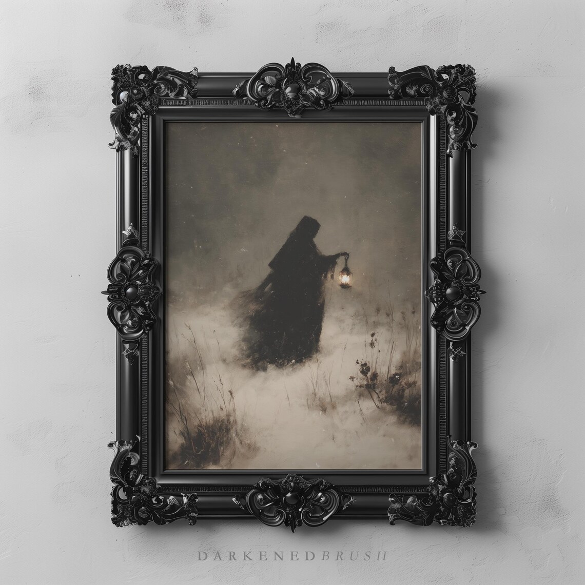 Vintage Lantern Witch in Snow, Gothic Art Print