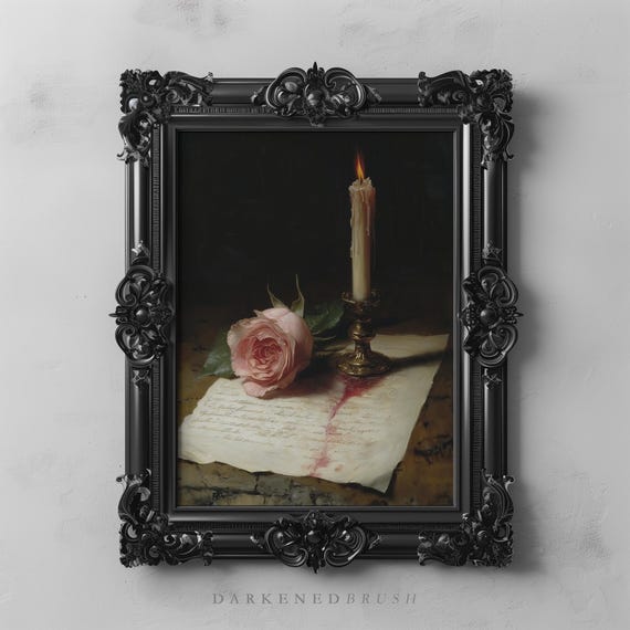 Romantic Candle Rose Still Life Art Print, Vintage Gothic