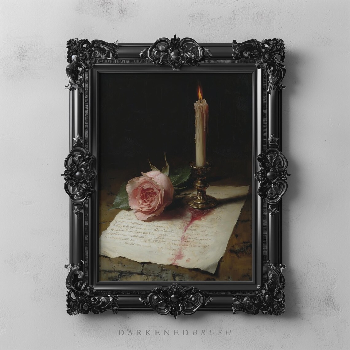 Romantic Candle Rose Still Life Art Print, Vintage Gothic