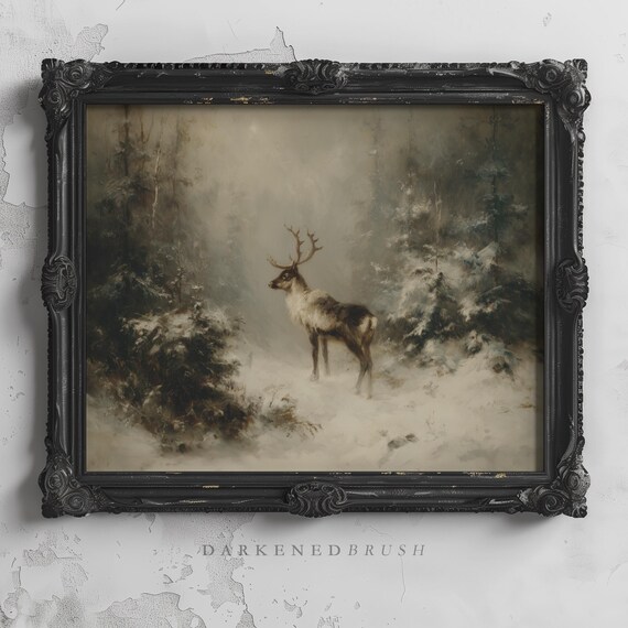 Stag Standing in Misty Snowy Forest Vintage Wildlife Oil Painting Poster