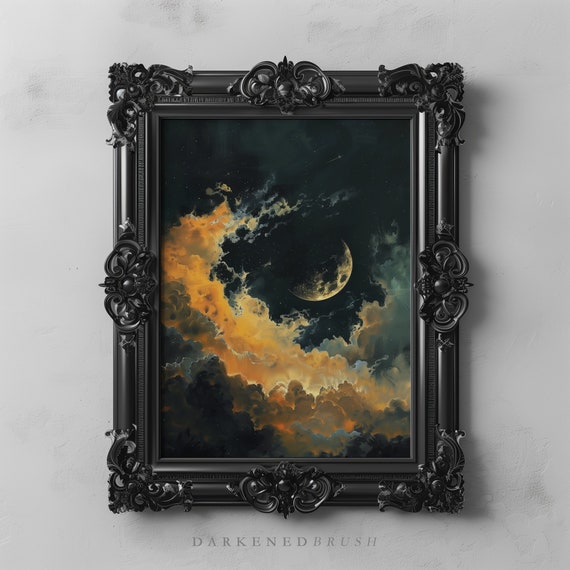 Celestial Moon And Stars Wall Decor Dark Crescent Print Lunar Witchy Gothic Oil Painting Instant Space Art