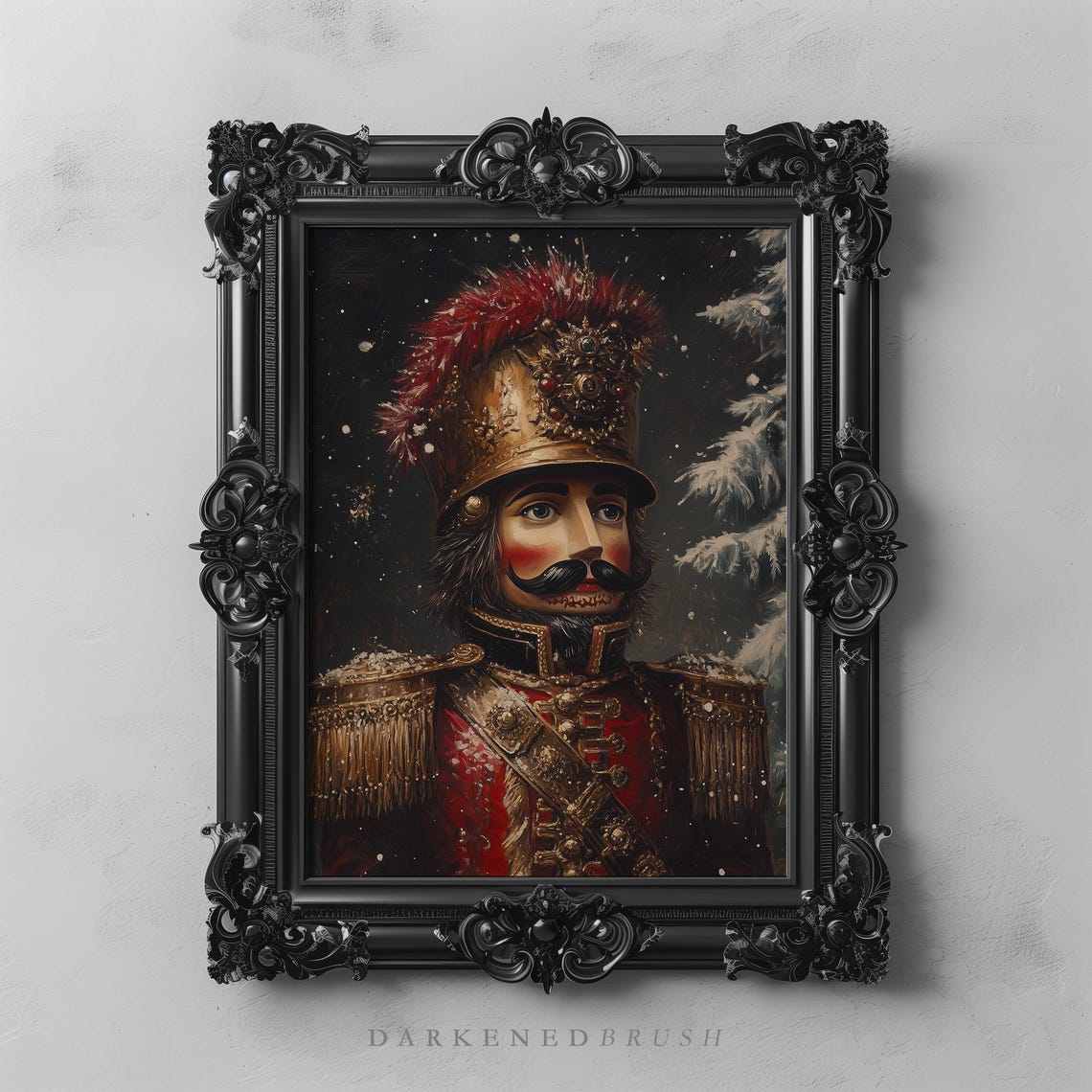 Vintage Nutcracker Soldier Portrait Ornate Gold Hat Snowy Pines Poster