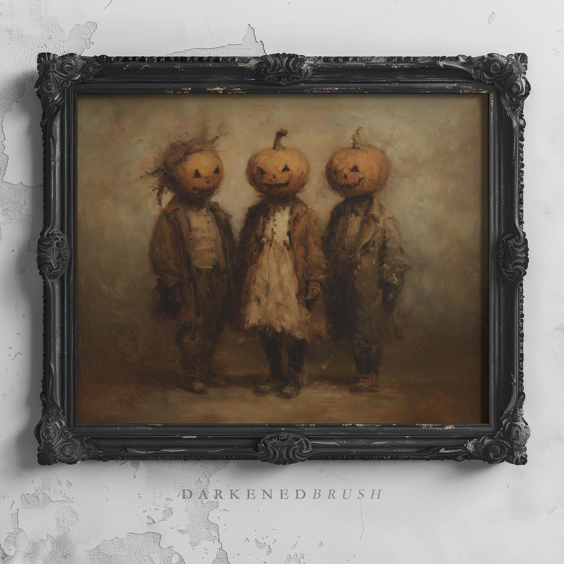 Three Pumpkin Headed Figures Foggy Field Gothic Halloween Poster