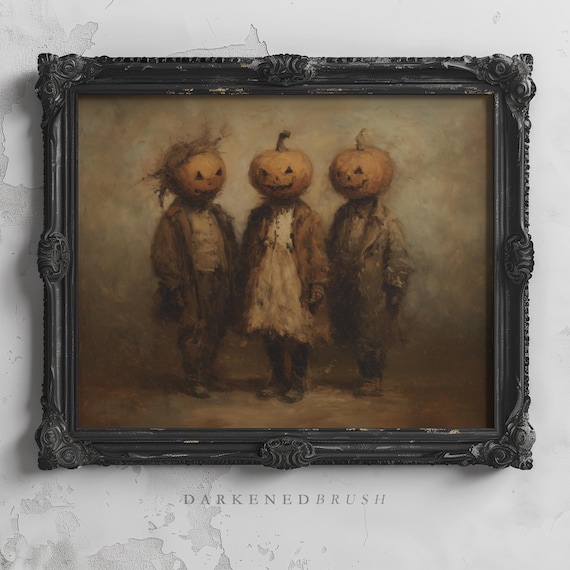 Three Jack O Lantern Pumpkinheaded Figures In Foggy Field Gothic Vintage Halloween Folk Art Rustic Oil Painting Autumn Decor 314