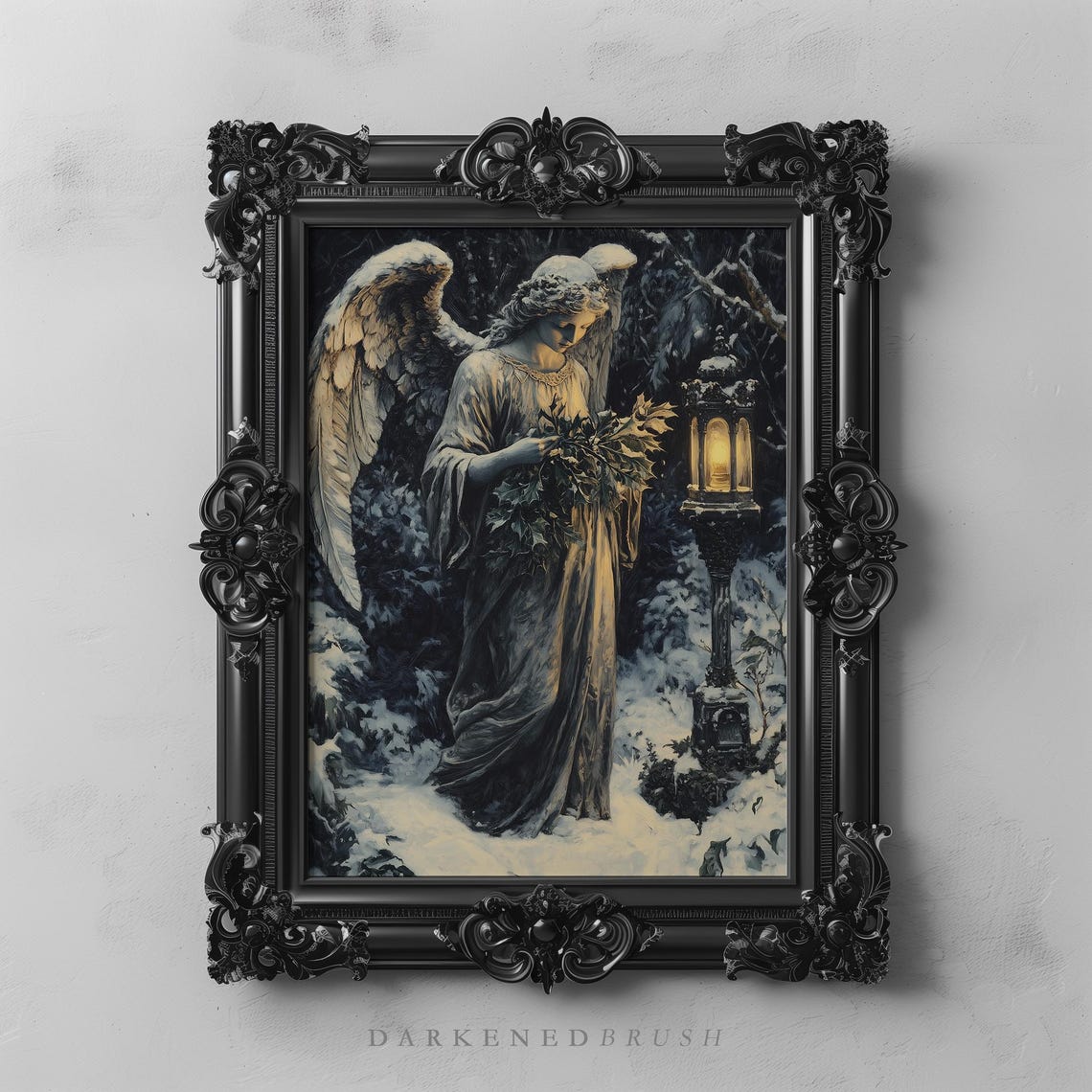 Winter Angel with Lantern Snowy Gothic Guardian Angel Christmas Poster