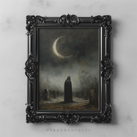 Crescent Moon Dark Tombstones Cemetery Graveyard Witchy Art Goth Occult Poster Academia Oil Painting